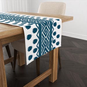 Geometric Blue Table Runner, Boho Chic Decor, Custom Size Runner