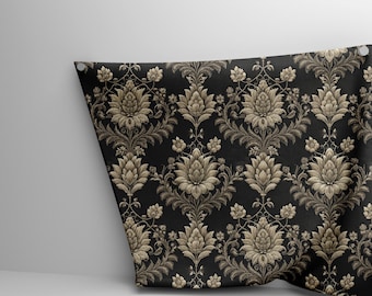 May include: A section of black fabric with a repeating floral damask pattern in shades of gold and tan. The fabric is draped, showing the intricate details of the design. The pattern features large, stylized flowers and scrolling leaves.