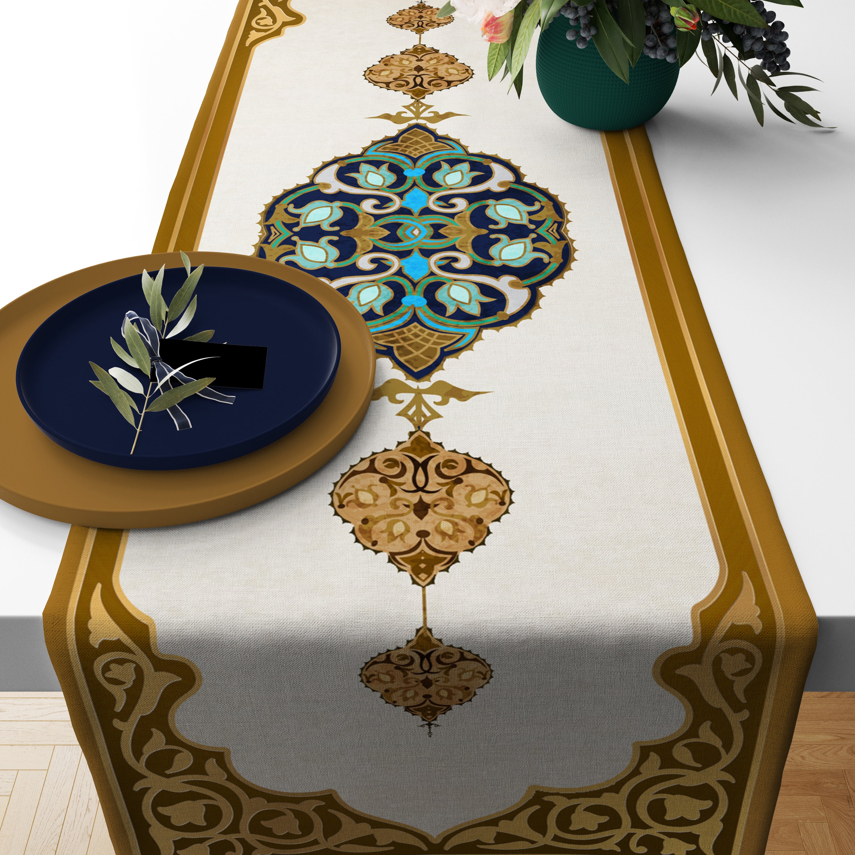 Islamic Table Runner-mubarak Ramadan Karem Table Runner, Green and Gold ...