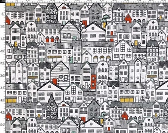 Houses Printed Fabric | City Houses Printed | Chair Upholstery | Home Decor | Pillow | By The Yard | Notions Fabric | Line Houses | Meter