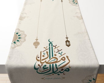 Islamischer Tischläufer-Mubarak Ramadan Karem Tischläufer, weißer und goldener Stoff, Arabisches Dekor, Eid Geschenkidee, muslimisches Wohndekor, Tischläufer