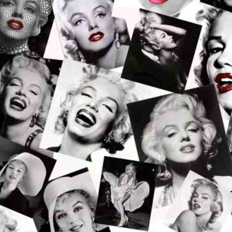 May include: A collage of black and white photographs of Marilyn Monroe. The photos show her in various poses and expressions, including smiling, laughing, and looking serious. Some of the photos are close-ups of her face, while others show her full body.