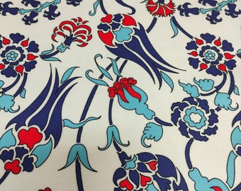 Ottoman Tulip Floral Fabric by the yards, Blue, Red White, Digital Print, Turkish Pattern, Honeycomb Polyester, Ramadan & Eid Decor