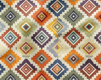 May include: A colorful geometric pattern with a woven texture. The pattern features a variety of colors, including orange, red, blue, green, and yellow. The pattern is repeated throughout the image.