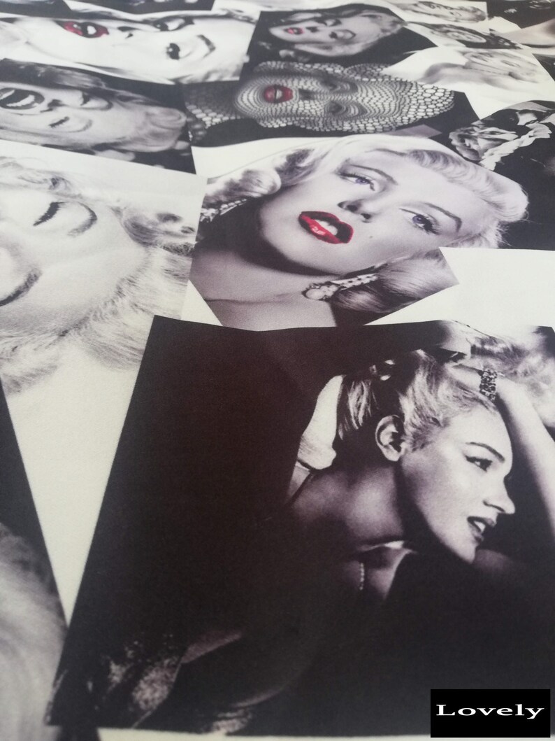 May include: A collage of black and white photographs of a woman with red lipstick. The photographs are arranged in a random pattern and the word "Lovely" is printed in white at the bottom of the image.
