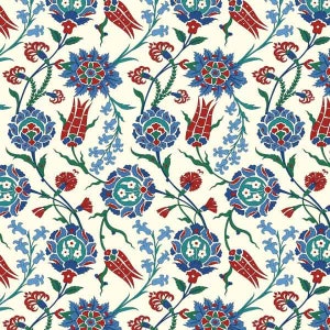 May include: A seamless pattern featuring a repeating design of stylized flowers in shades of blue, red, and green on a white background. The flowers are intricate and detailed, with a variety of shapes and sizes.