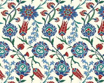 Ottoman Iznik Floral Fabric by the yards, Blue, Red & Green, Digital Print, Turkish Pattern, Honeycomb Polyester, Ramadan Eid Decor