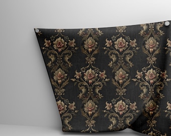 Baroque Damask Fabric – Vintage Floral Scrolls on Black, Decorative Upholstery & Home Decor Fabric