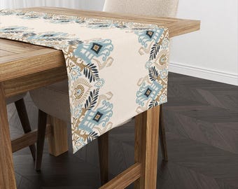 Runner da tavolo beige e blu, elegante motivo floreale, runner su misura
