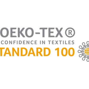 May include: A gray and white logo with the text "OEKO-TEX&reg; CONFIDENCE IN TEXTILES STANDARD 100". A stylized gray circle with a yellow globe inside is to the right of the text.