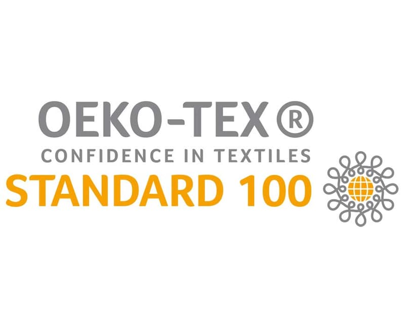 May include: A gray and white logo with the text "OEKO-TEX&reg; CONFIDENCE IN TEXTILES STANDARD 100". A stylized gray circle with a yellow globe inside is to the right of the text.
