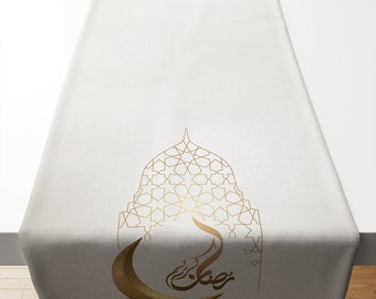 Islamic Table Runner-Mubarak Ramadan Karem Table Runner, White and Gold Fabric, Arabic Decor, Eid Gift idea,Muslim Home Decor, Table Runner