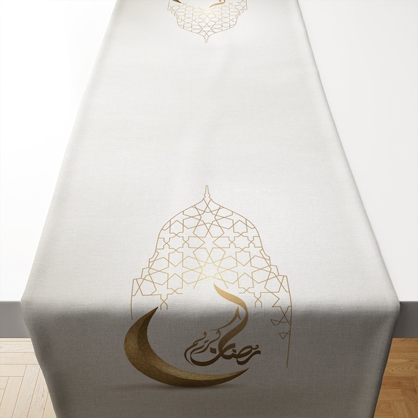 Coureur de table islamique-Mubarak Ramadan Karem chemin de table, tissu blanc et or, décor arabe, idée cadeau Eid, décoration musulmane, chemin de table