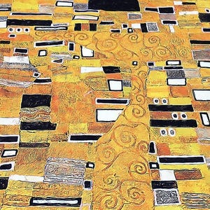 Gustav Klimt inspirierter goldener abstrakter digital bedruckter Polyesterstoff mit Wabenstruktur - 140 cm Druckbereich