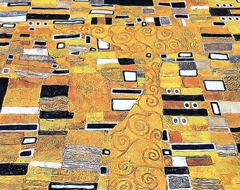 Gustav Klimt Inspired Golden Abstract Digital Printed Honeycomb Textured Polyester Fabric – 140 cm Print Area