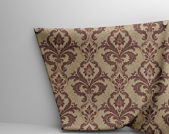 Vintage Damask Fabric – Burgundy Embroidery Look Pattern on Beige Honeycomb, Digital Print Upholstery Fabric by the Yards