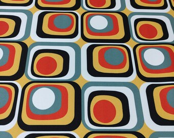 Retro 70s Op Art Geometric Digital Printed Honeycomb Textured Polyester Fabric – 140 cm Print Area
