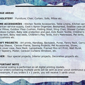 May include: A list of usage areas and craft projects for fabric. The list includes upholstery, home accessories, craft projects, and other uses. The text also includes an important note about scaling for digital printing models.