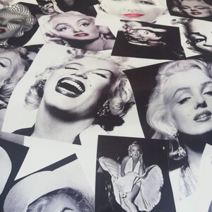 May include: A collage of black and white photographs of Marilyn Monroe. The photos show her in different poses and expressions. The word "Lovely" is printed in the bottom right corner of the image.