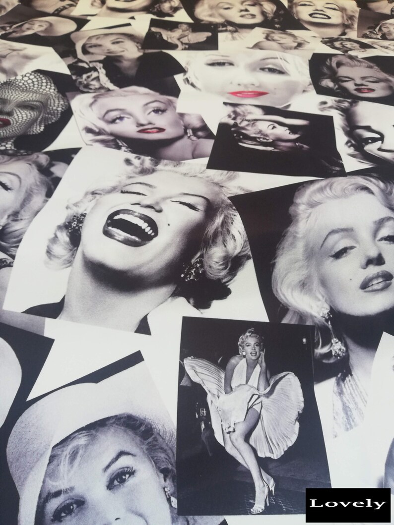 May include: A collage of black and white photographs of Marilyn Monroe. The photos show her in different poses and expressions. The word "Lovely" is printed in the bottom right corner of the image.
