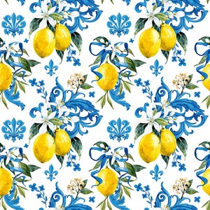 Mediterranean Lemon and Blue Tile Digital Printed Honeycomb Textured Polyester Fabric – 140 cm Print Area