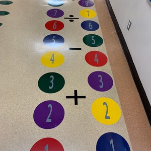 May include: A floor graphic with numbered circles in a grid, used for educational purposes. Numbers 1 to 10 are displayed in different colours, with mathematical symbols between the columns. The circles are arranged on a light-colored floor.