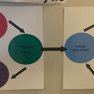 May include: Two diagrams illustrating the cycle of social isolation and its opposite, social integration. The left diagram shows a cycle of improved mood, increased energy, engagement in meaningful activities, and social integration. The right diagram shows a cycle of sad mood, low energy, avoidance of pleasurable activities and people, and social isolation.