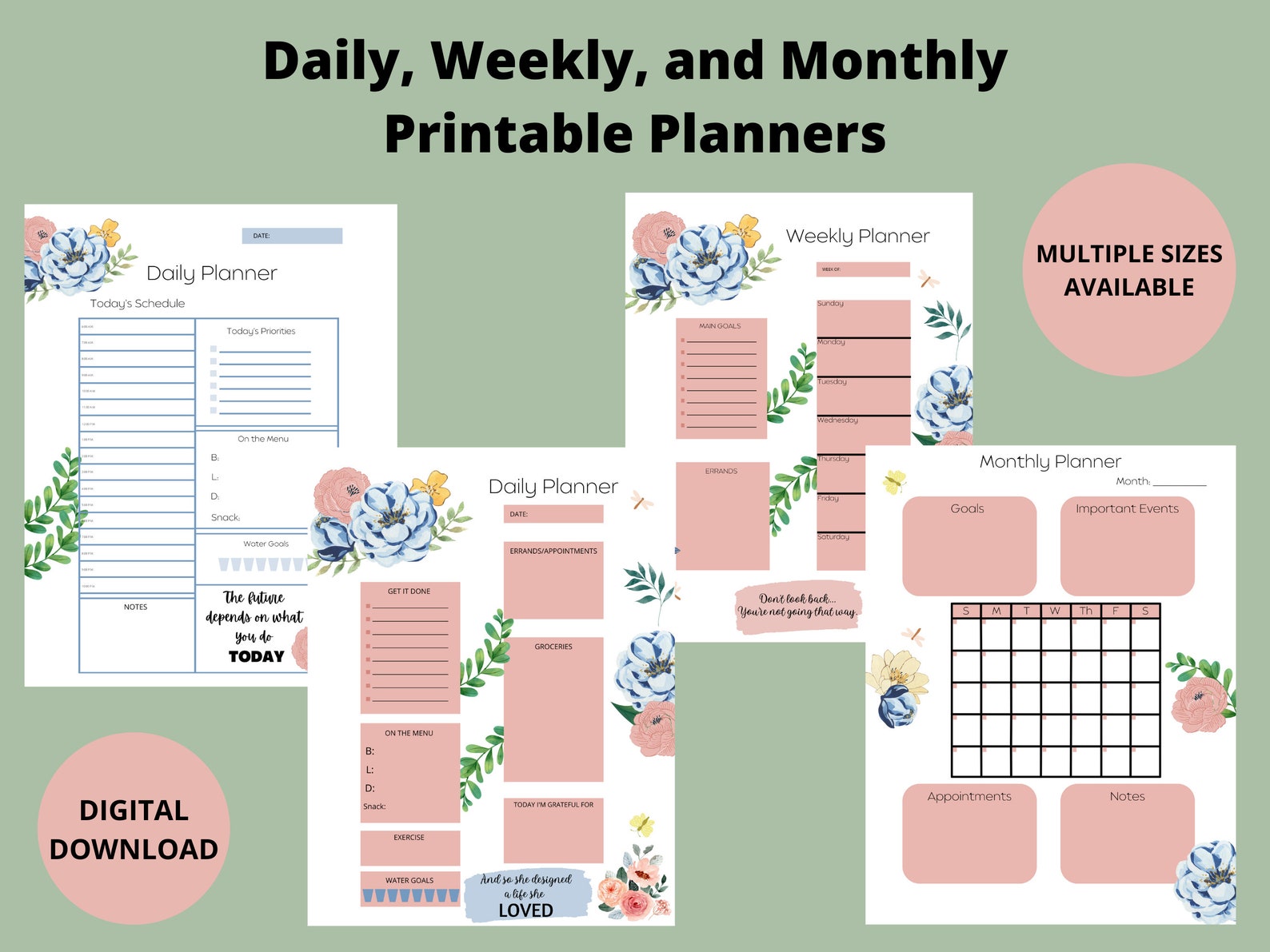 Floral printable planner forms colorful daily weekly and monthly