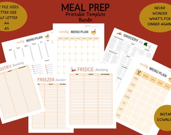 Paquete de planificador de preparación de comidas imprimible, plan de menú, planificador de organización de alimentos, planificadores mensuales semanales,