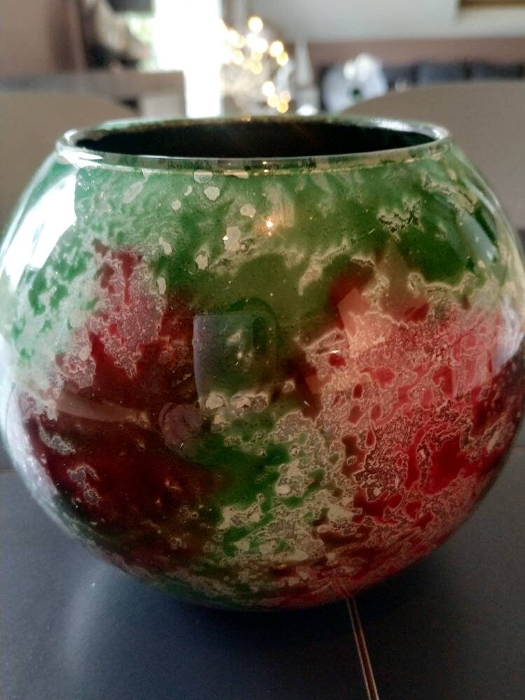 Vintage. Vase Boule Style Pâte de Verre Signé | Voir Dernière Photo. Motifs Floraux Violine & Vert S