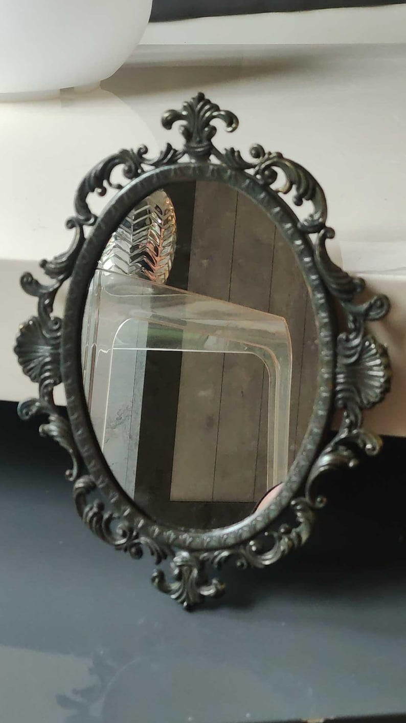 Antique Baroque/rococo Style Oval Mirror in Imitation Bronze Metal