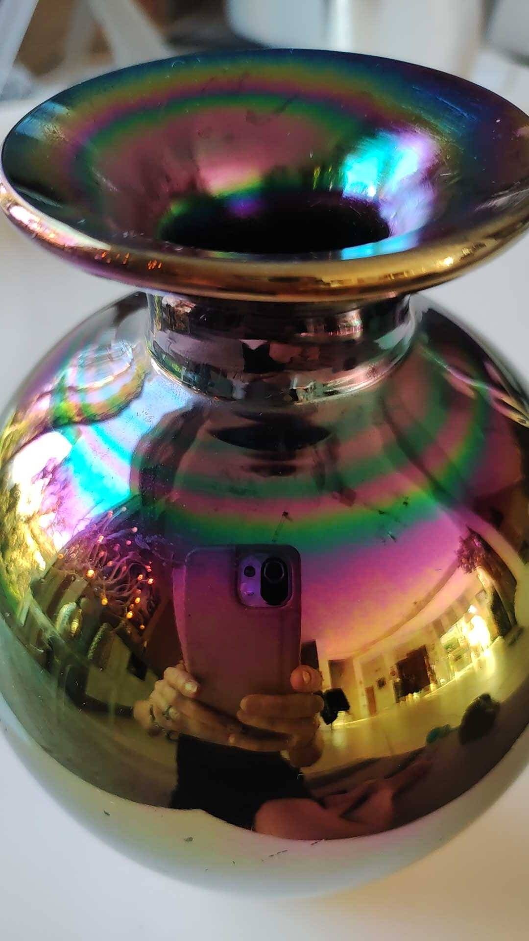 吹きガラス製ヴィンテージ虹色花瓶/複数の虹色の金属反射、青、緑