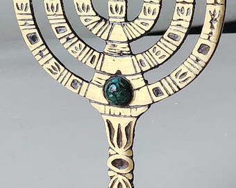 Jewish/Hebrew Menorah/Candlestick with 7 arms of Light, in polished brass, on oval base with Jerusalem/Holy-Land inscriptions - 14.3 x 10.3 cm