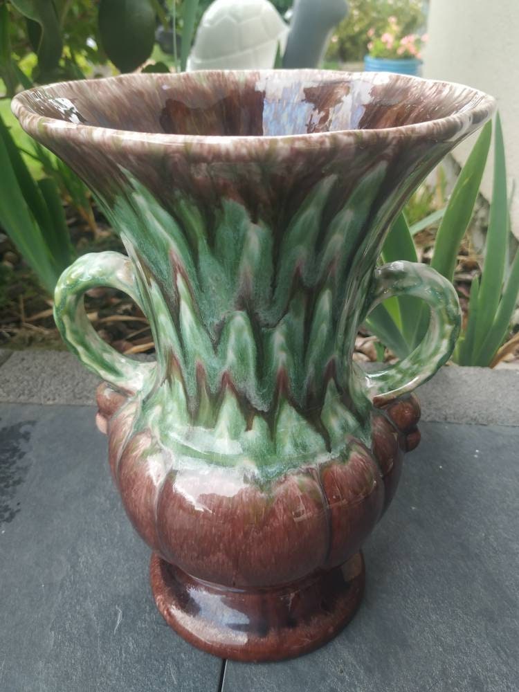 Jasba Keramik. Vase Balustre en Céramique Émaillée Aux Patchworks de Couleurs Vert et Brun 2 Anses s