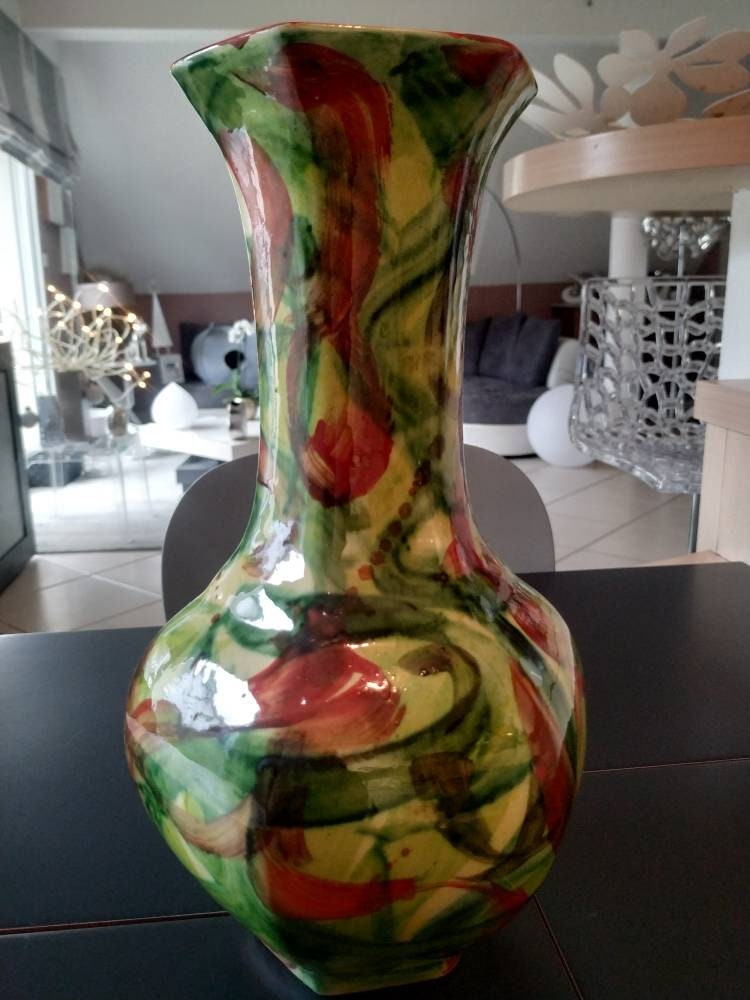 Vase Artisanal en Céramique Signé Vintage Année 2006. Motifs Abstraits Aux Tons Vifs et Colorés Vert