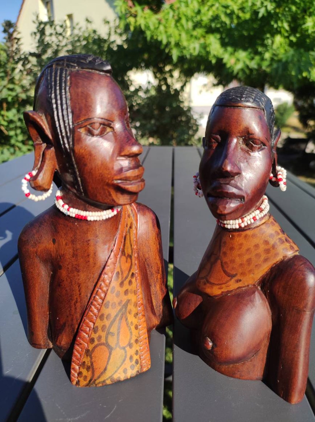 Sculptures Busts of Masai Warrior Couples. in Polychrome Solid Wood ...