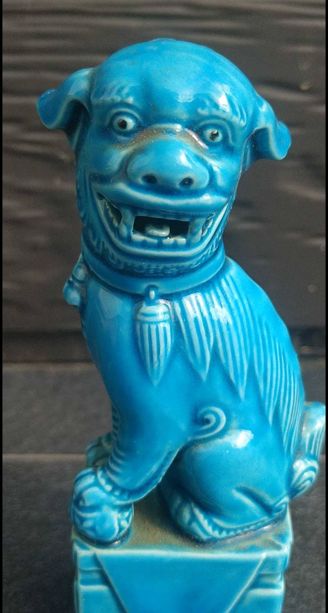 statuette Chien Foo/ Fu Chinoise. Vintage Années 1940. en Porcelaine Bleu Turquoise Glacé. Haut. 12 