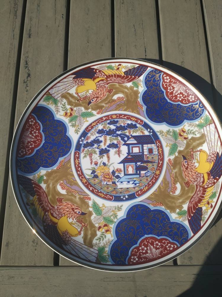 Vintage. Plateau Asiatique en Porcelaine. Motifs Palais Floraux & Volatiles Asiatiques. Multicolore 