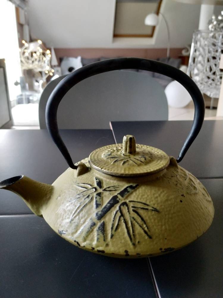 Théière Japonaise en Fonte de Couleur Kaki. A Décor Palmiers & Motifs Floraux Noirs. avec Filtre Aci