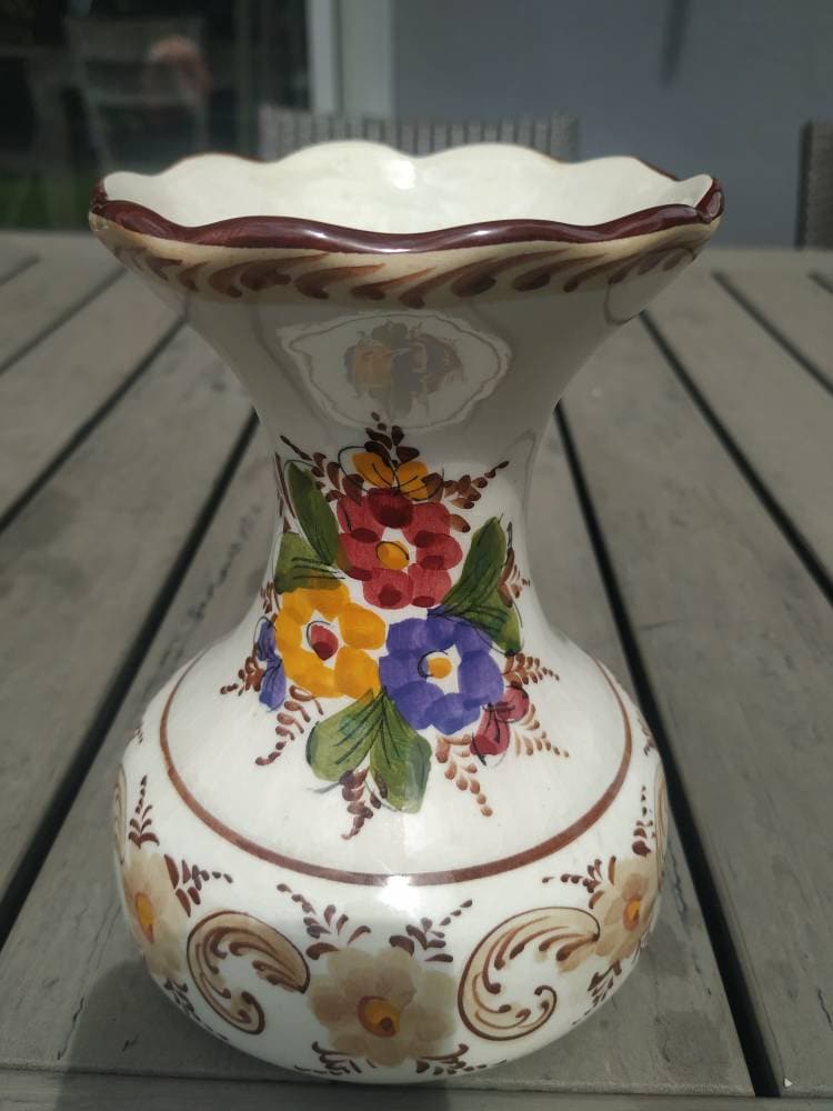 Art Artisanal Portugais. Vase en Céramique Ancien. Années 50/60. Pal Alcobaca Portugal. Motifs Flora