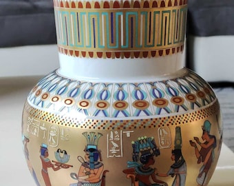 AK Ball shape vase. Kaiser/W. Germany, Thebes model - Decorated with Life Scenes from Egyptian Mythology from the epic of Pharaoh Tut-Ankh
