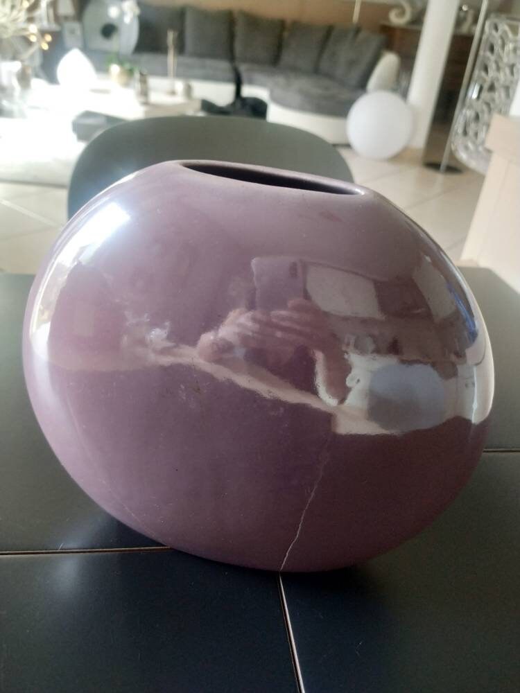 Vase Tulipier Design en Céramique Forme Disque, Finition Nacrée Lustrée. de Couleur Mauve/Lilas. Hau