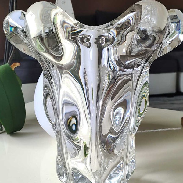 Grand vase en cristal "Tête de girafe"/Cristallerie vannes le Châtel. Signé Art Vannes France. 1950