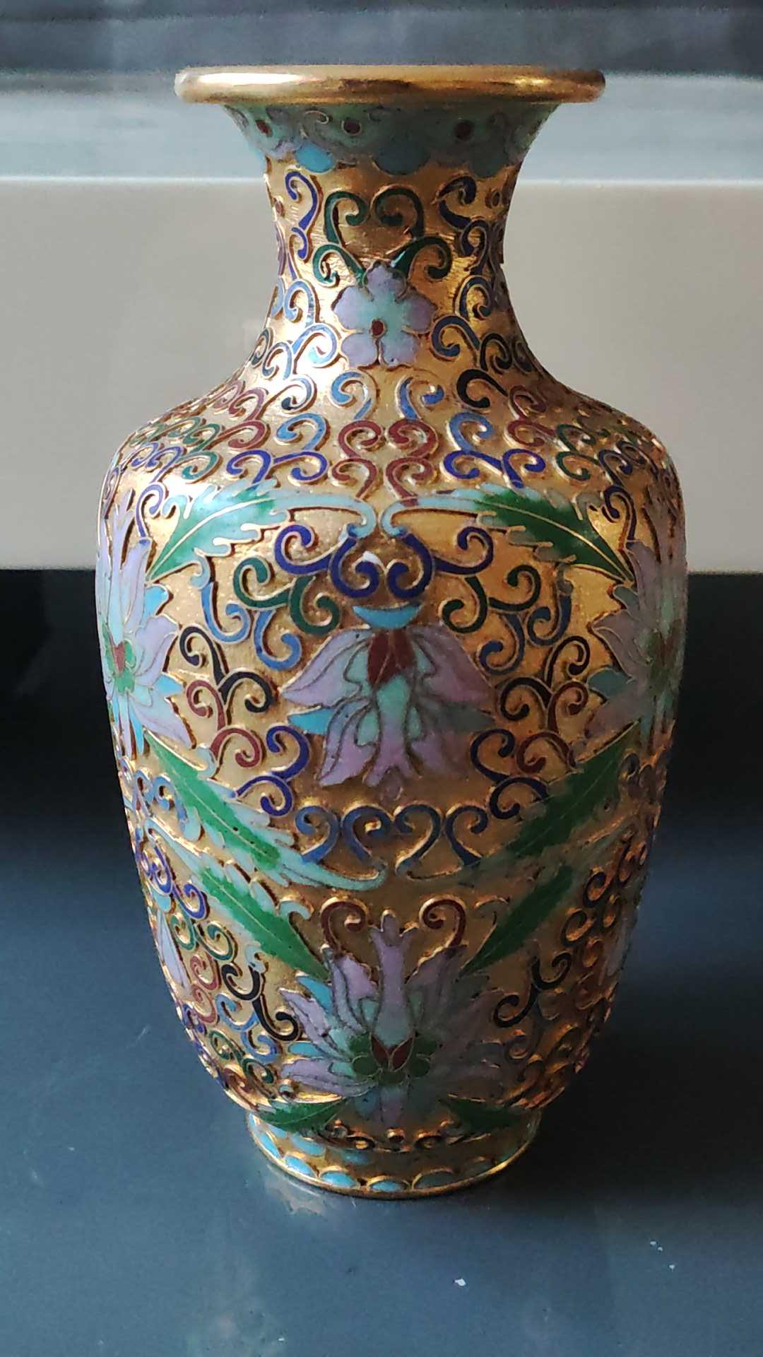 Antique Chinese Antique Baluster Vase in Cloisonné Enameled Brass - Polychrome Floral Motifs, Foliage & Scrolls in Relief. Height 18 cm