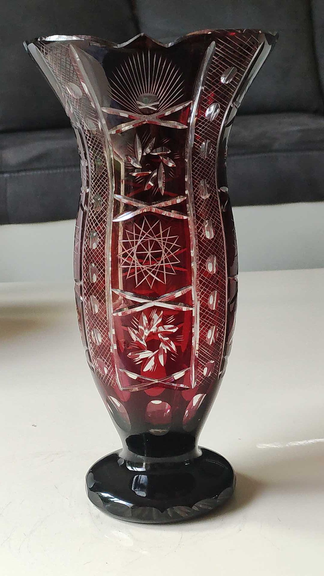 Large Hand Cut Boho Crystal Vase/Roemer Style, Dark Ruby Red Color - Sophisticated Star/Round/Cross/Diamond Patterns