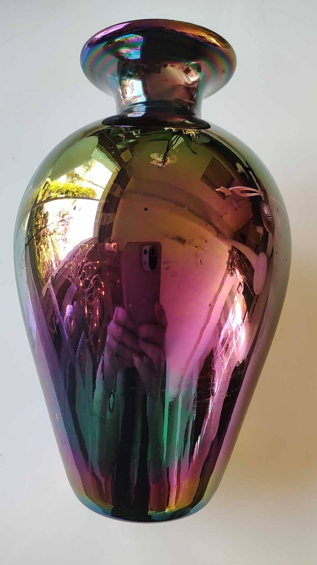 吹きガラス製ヴィンテージ虹色花瓶/複数の虹色の金属反射、青、緑