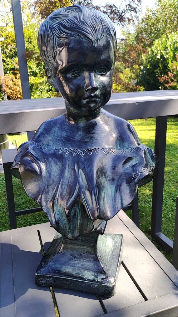Reproduction Sculpture of the Bust of a Young Child in a Corset, in the  Houdon/victorian Style, in Biscuit With Bronze Patina Finish 
