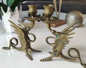 Pair of Antique Zoomorphic candlesticks in the shape of Winged Dragons/Chimeras. Napoleon III. Late 19th century. In gilded bronze