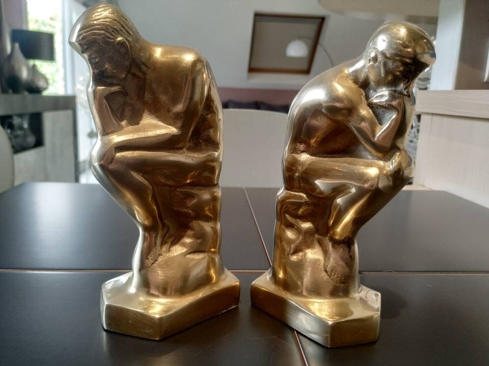 Paire de Serre-Livres Art Déco. Le Penseur Rodin. en Bronze Patiné Doré. Très Belles Pièces Très Chi