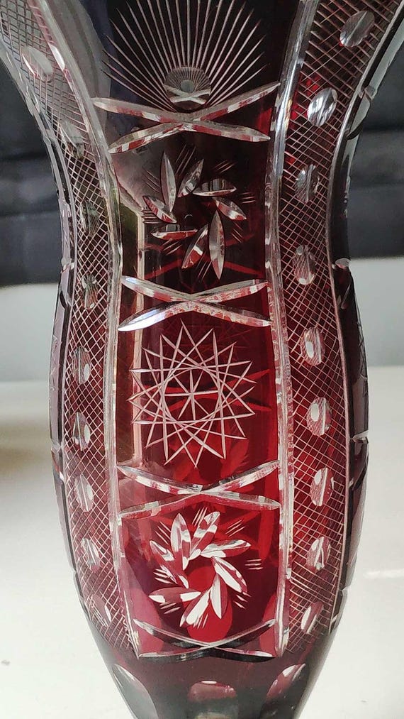 Large Hand Cut Boho Crystal Vase/roemer Style, Dark Ruby Red Color